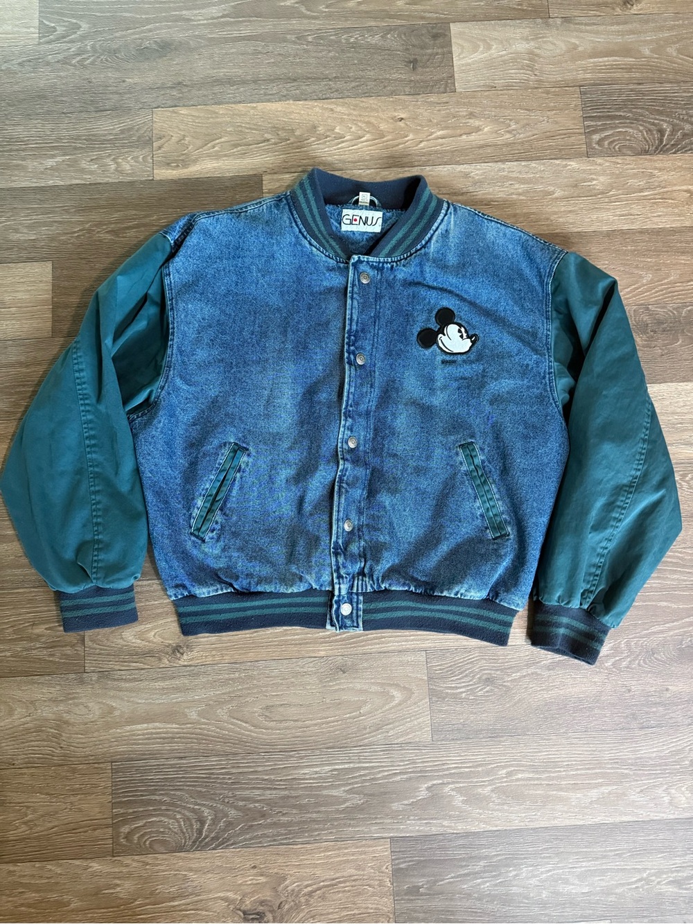 Vintage 90s GENUS Denim-Front Mickey Patch Bomber Jacket in Green